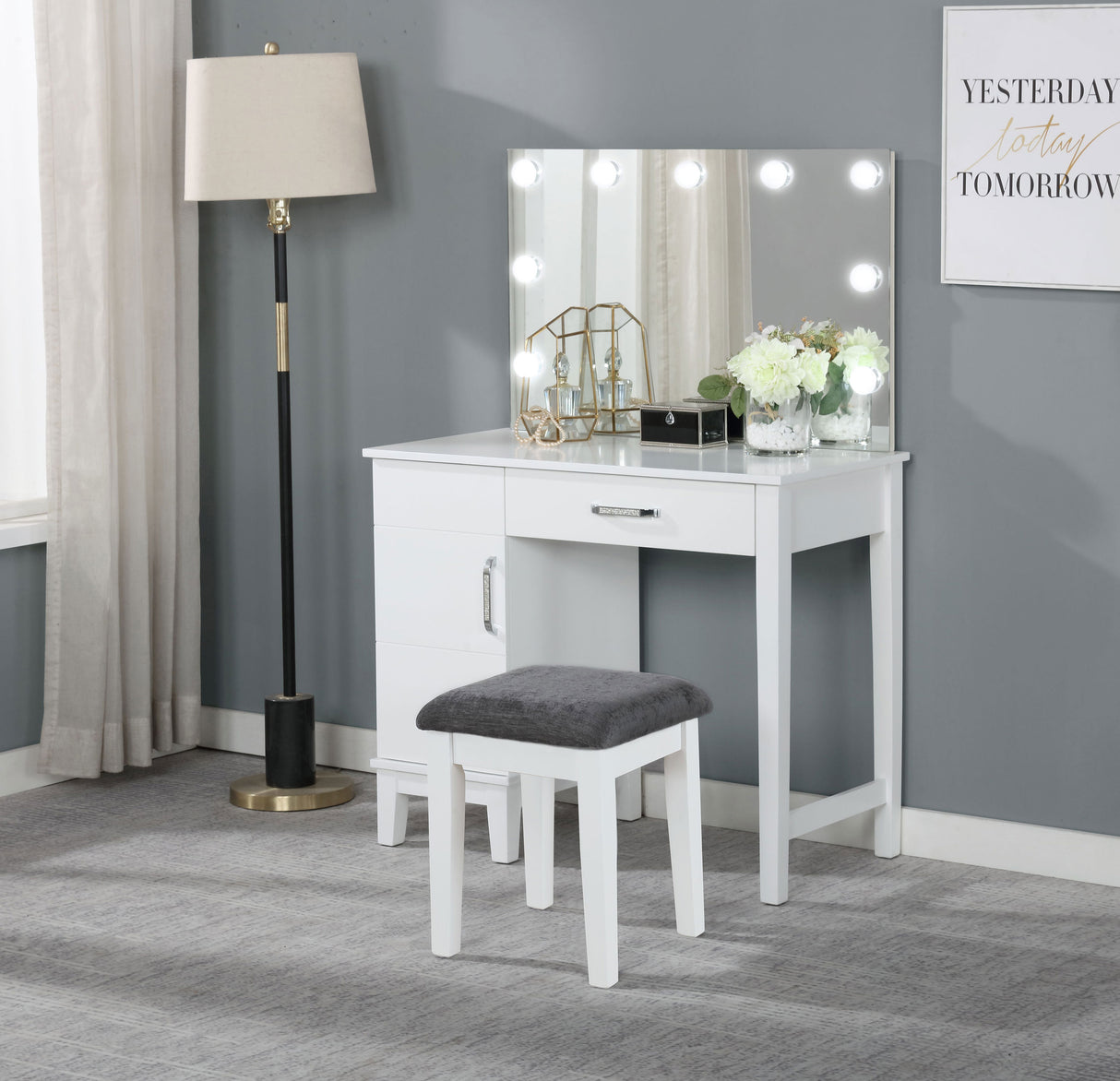 Elijah White & Dark Grey Vanity Set with LED Mirror and Stool