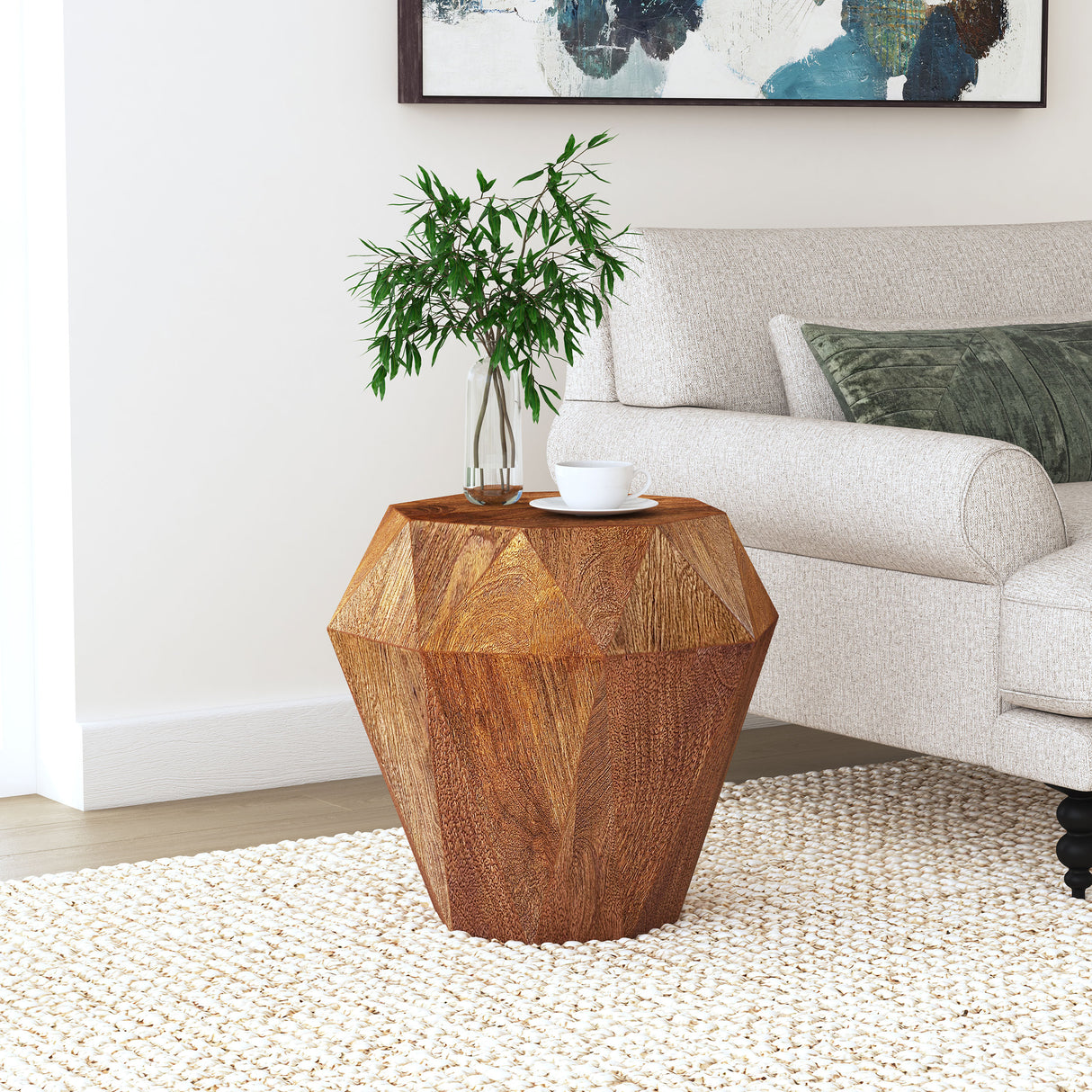 Jacinto Octagonal Solid Mango Wood Side Table, Natural Brown