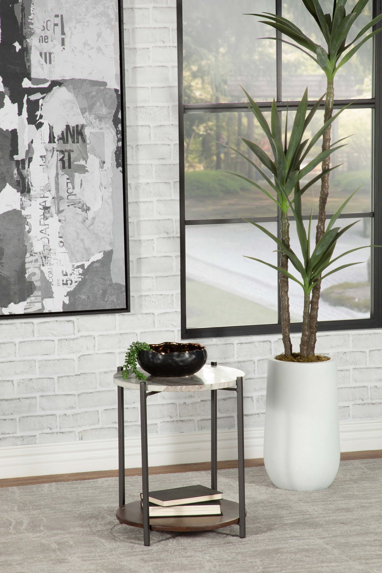 Noemie Round Marble Top Accent Side Table, White and Gunmetal