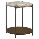 Noemie Round Marble Top Accent Side Table, White and Gunmetal