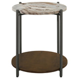 Noemie Round Marble Top Accent Side Table, White and Gunmetal