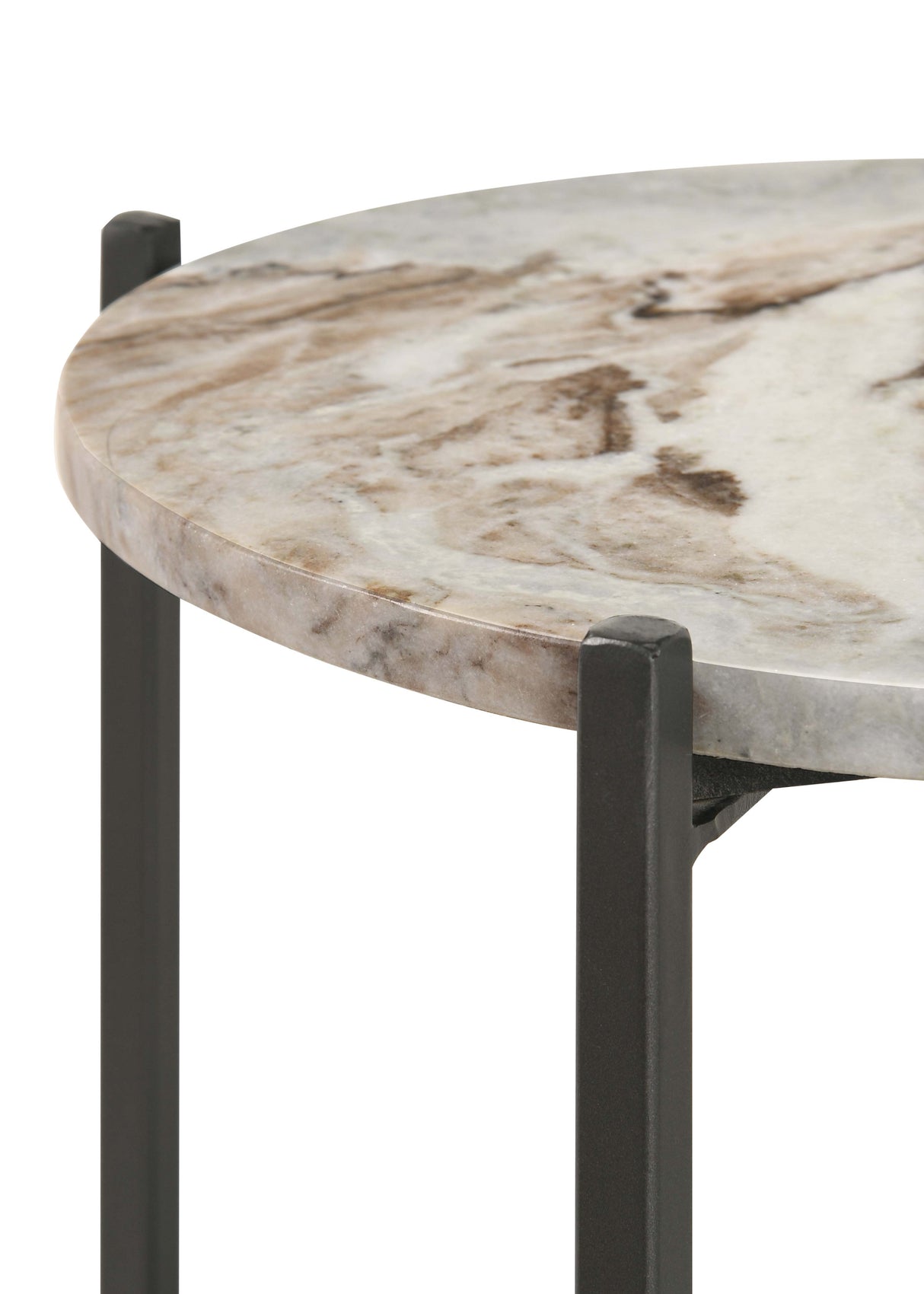 Noemie Round Marble Top Accent Side Table, White and Gunmetal