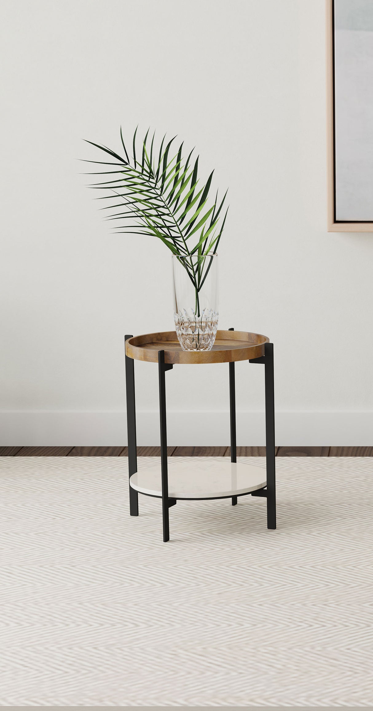 Adhvik Round End Table with Marble Shelf, Natural and Black