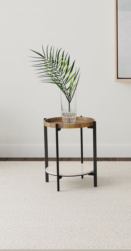 Adhvik Round End Table with Marble Shelf, Natural and Black