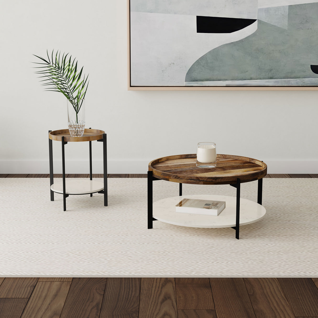 Adhvik Round End Table with Marble Shelf, Natural and Black
