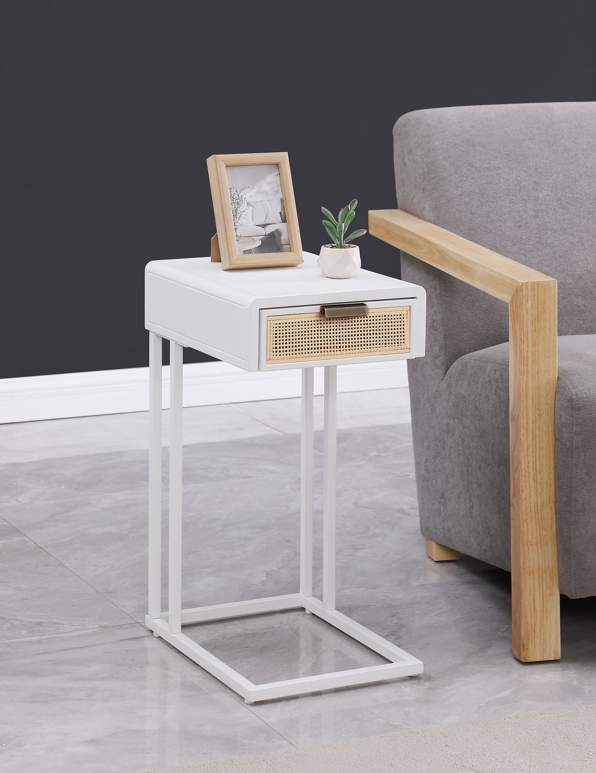 Amherst C-Shape Side Table with Cane Drawer, White Metal