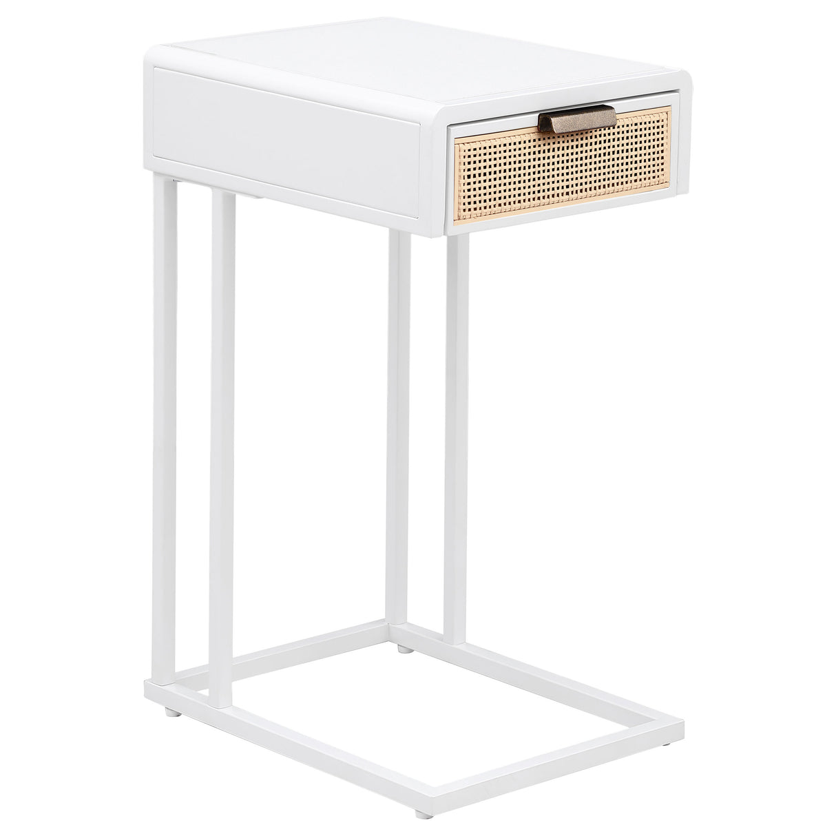 Amherst C-Shape Side Table with Cane Drawer, White Metal