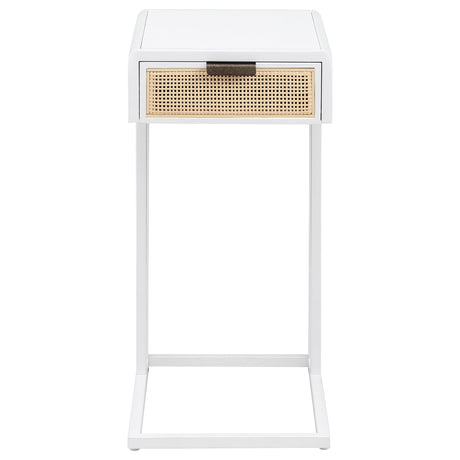 Amherst C-Shape Side Table with Cane Drawer, White Metal