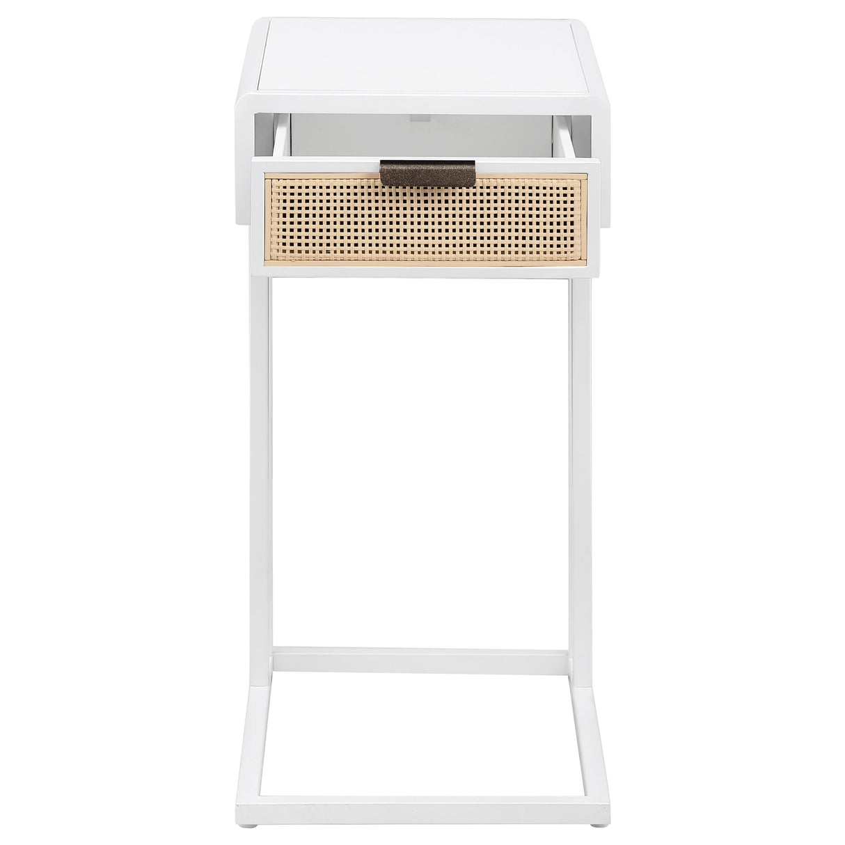 Amherst C-Shape Side Table with Cane Drawer, White Metal