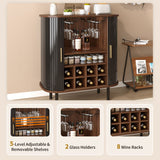Fluted Wine Bar Cabinet With 8 Grid Wine Rack, 5 Level Adjustable Shelves, 2 Glass Holders