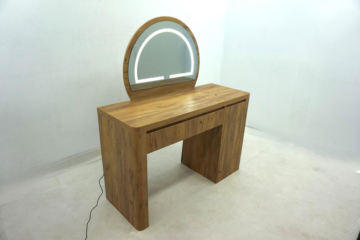 Irwin Rustic Oak Vanity Table with LED Mirror and Storage