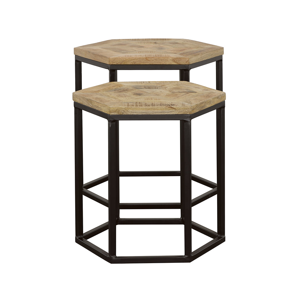 Adger Hexagonal Nesting Tables in Natural Mango Wood and Black, Set of 2