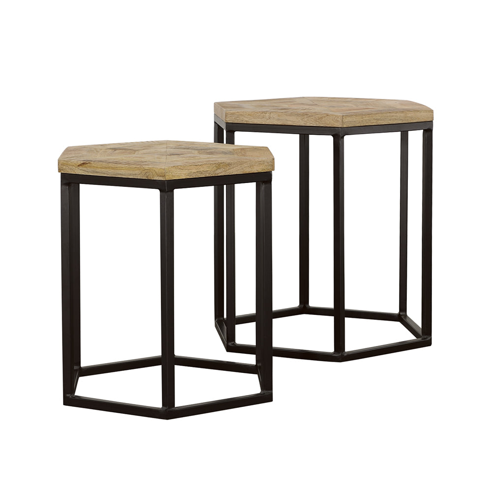 Adger Hexagonal Nesting Tables in Natural Mango Wood and Black, Set of 2