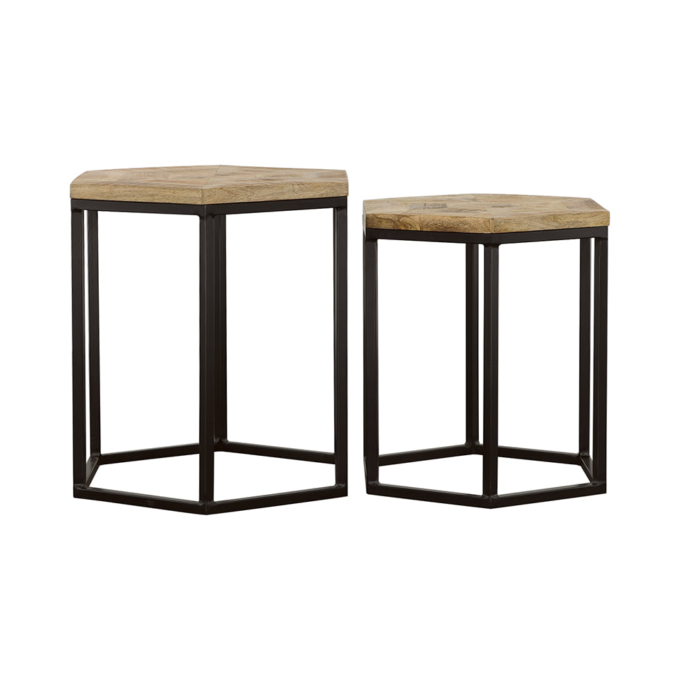 Adger Hexagonal Nesting Tables in Natural Mango Wood and Black, Set of 2