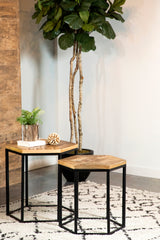Adger Hexagonal Nesting Tables in Natural Mango Wood and Black, Set of 2