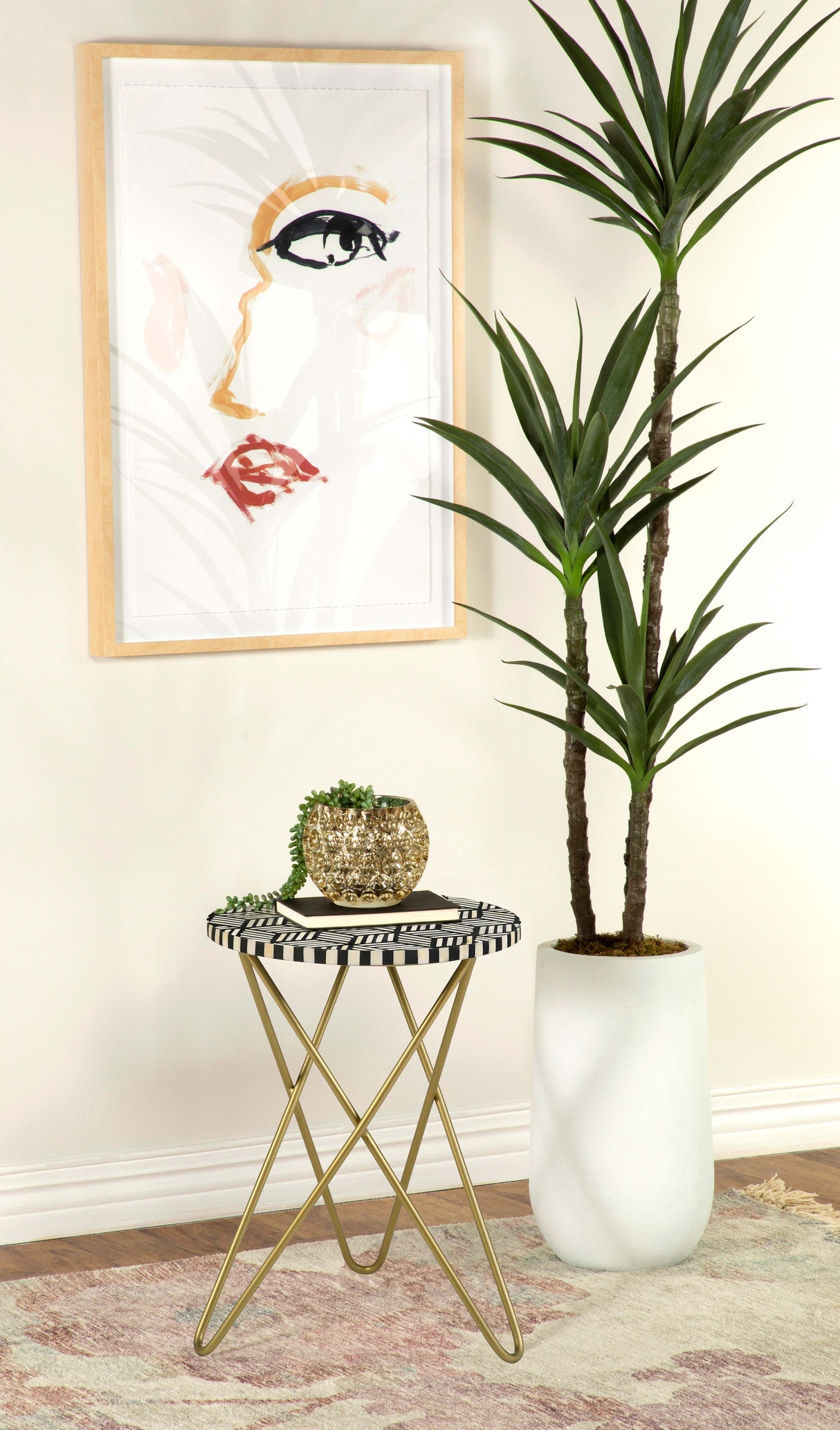 Xenia Round Bone Inlay Accent Side Table, White and Gold