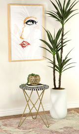 Xenia Round Bone Inlay Accent Side Table, White and Gold