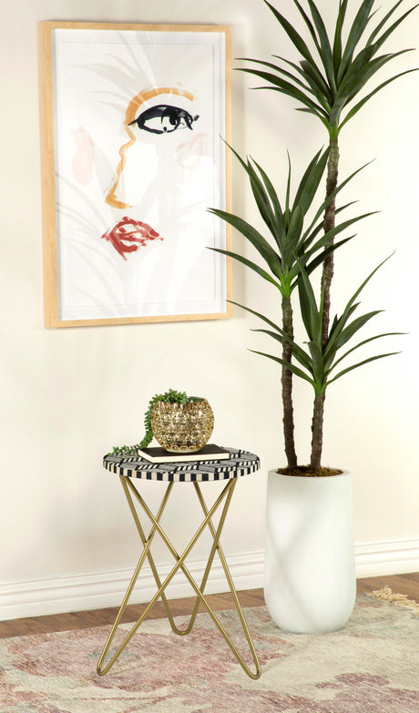 Xenia Round Bone Inlay Accent Side Table, White and Gold