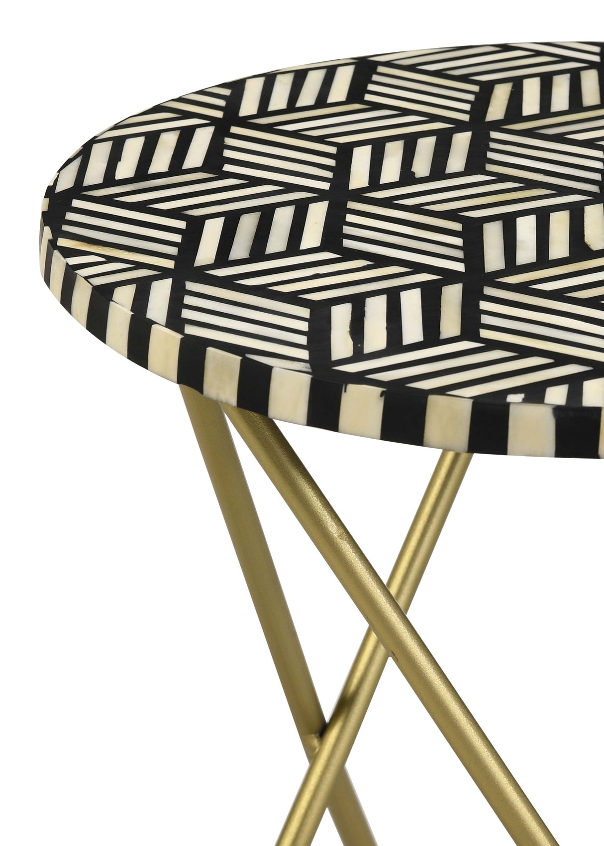 Xenia Round Bone Inlay Accent Side Table, White and Gold
