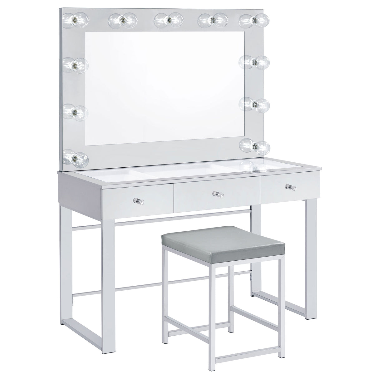 Umbridge Grey Leatherette Square Vanity Stool, Chrome Frame