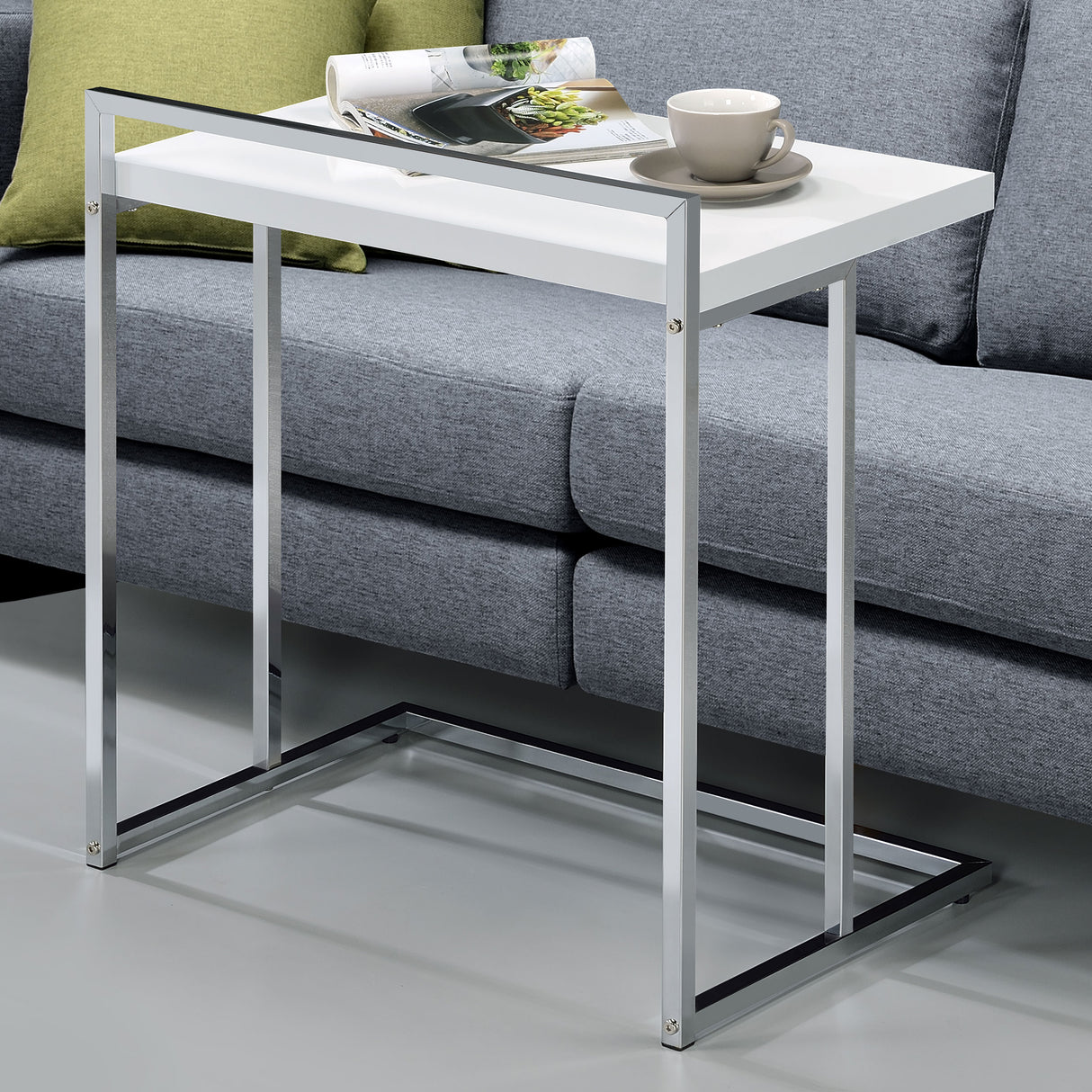 Dani C-Shaped Sofa Side Table in White High Gloss