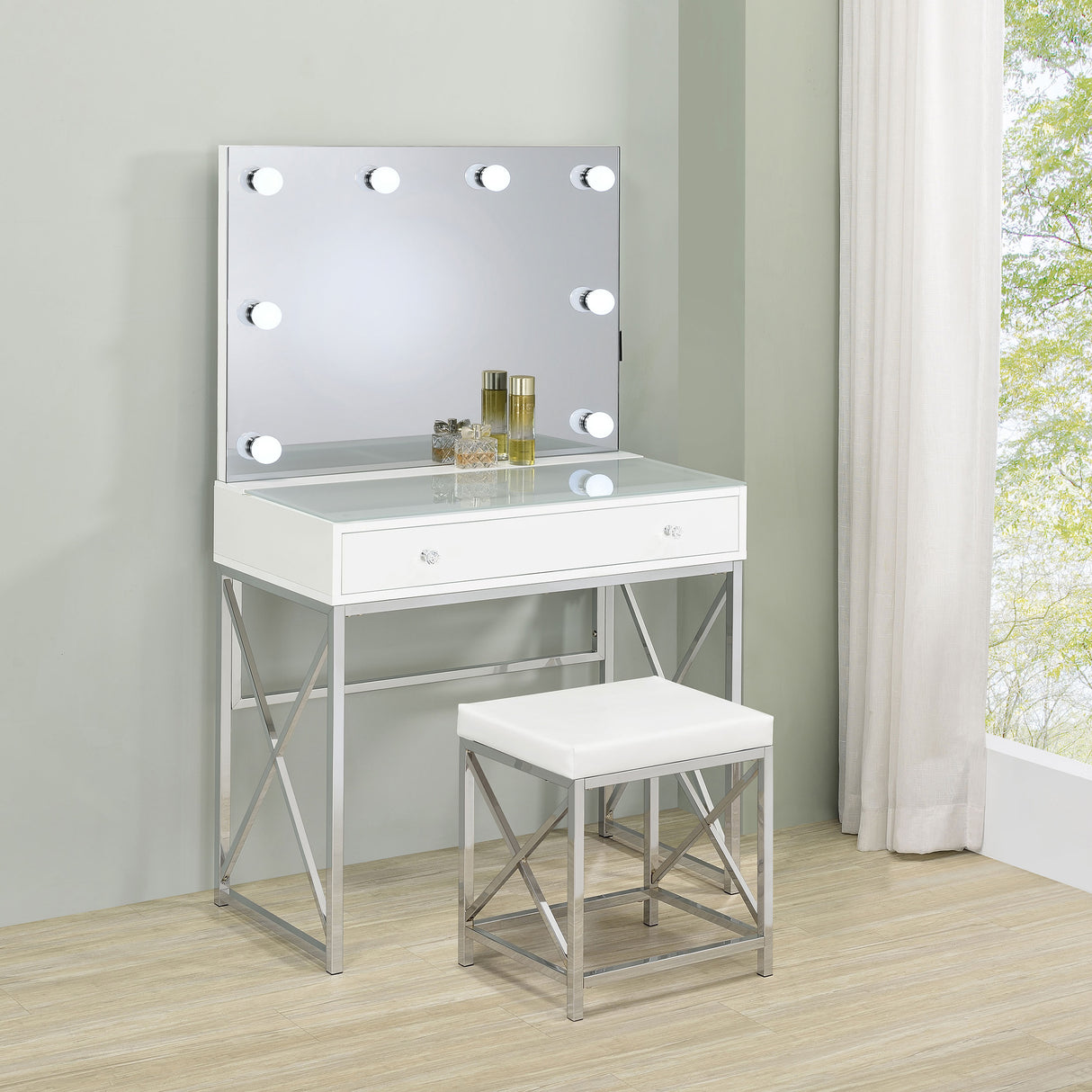 Eliza White & Chrome Vanity Set with Lighted Mirror and Stool