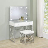Eliza White & Chrome Vanity Set with Lighted Mirror and Stool