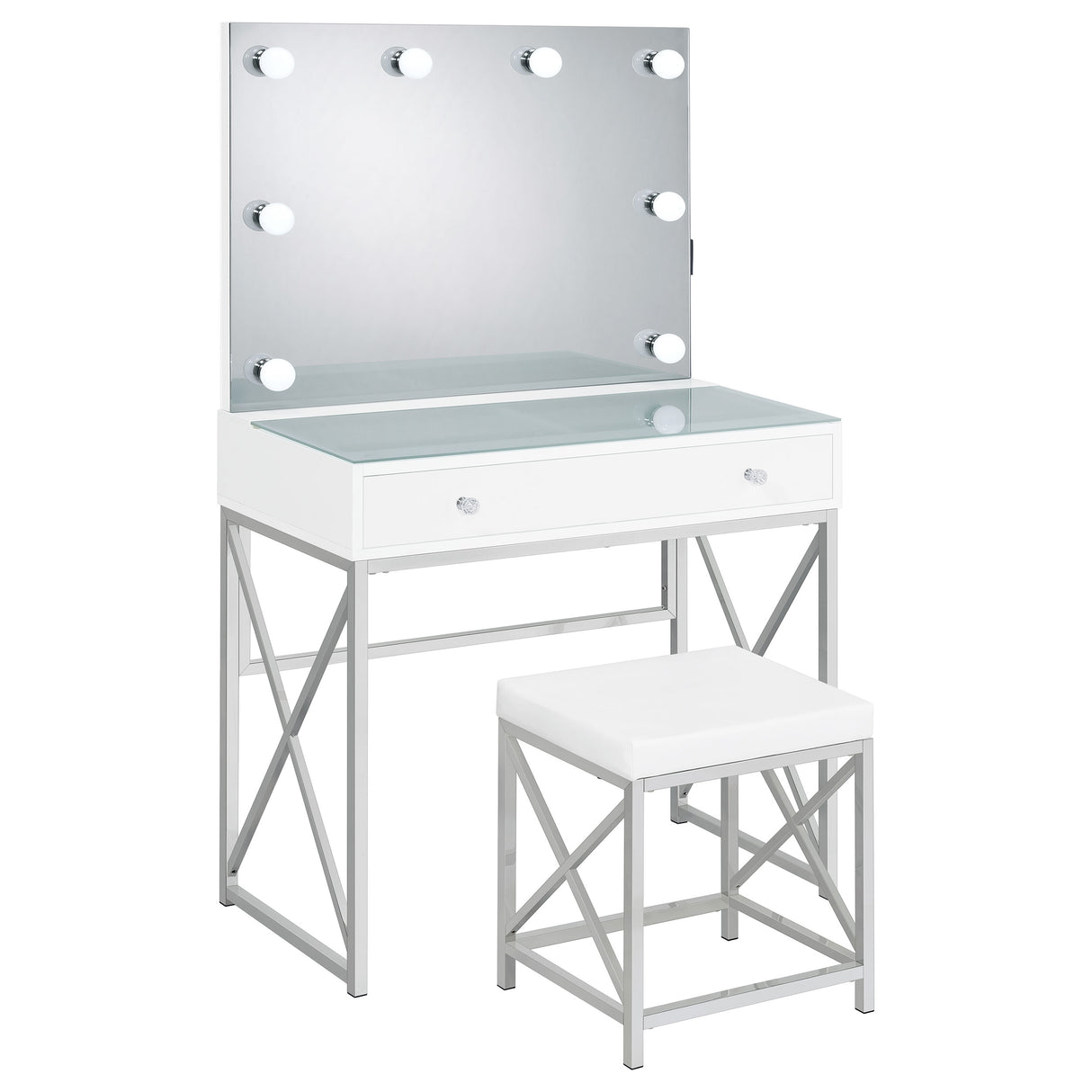 Eliza White & Chrome Vanity Set with Lighted Mirror and Stool