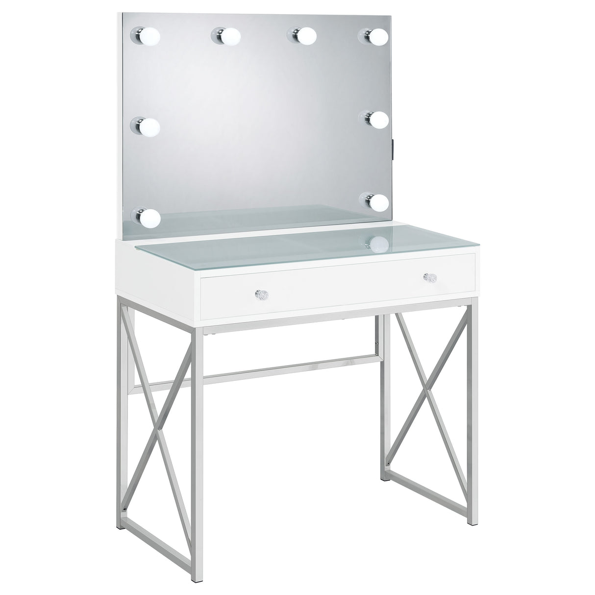Eliza White & Chrome Vanity Set with Lighted Mirror and Stool