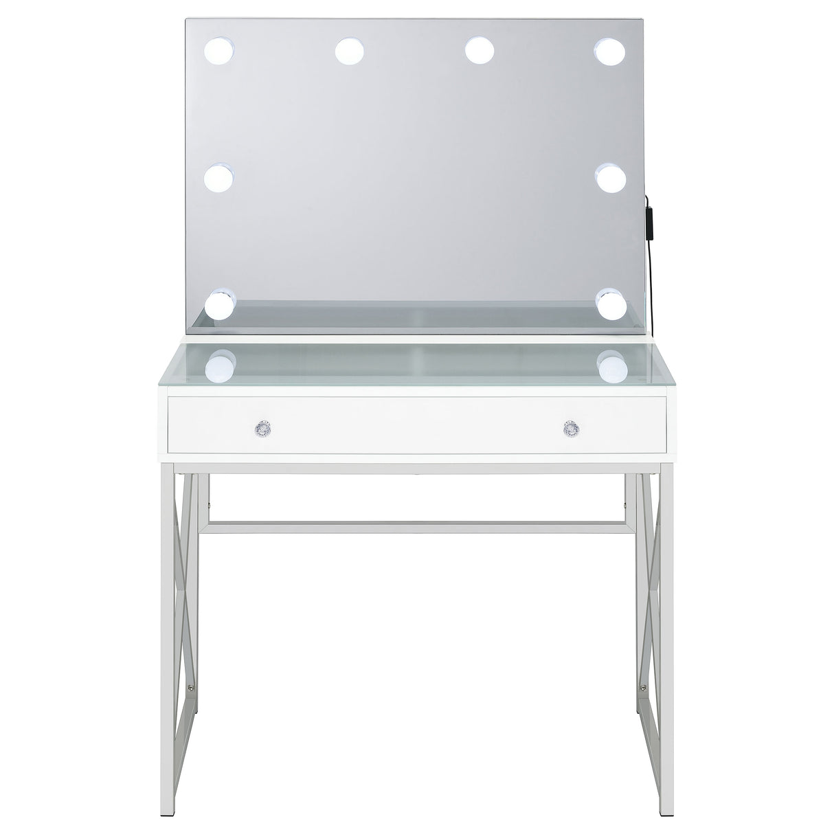 Eliza White & Chrome Vanity Set with Lighted Mirror and Stool