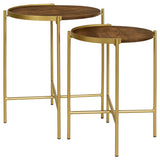 Malka 2-Piece Round Mango Wood Nesting Tables, Dark Brown and Gold