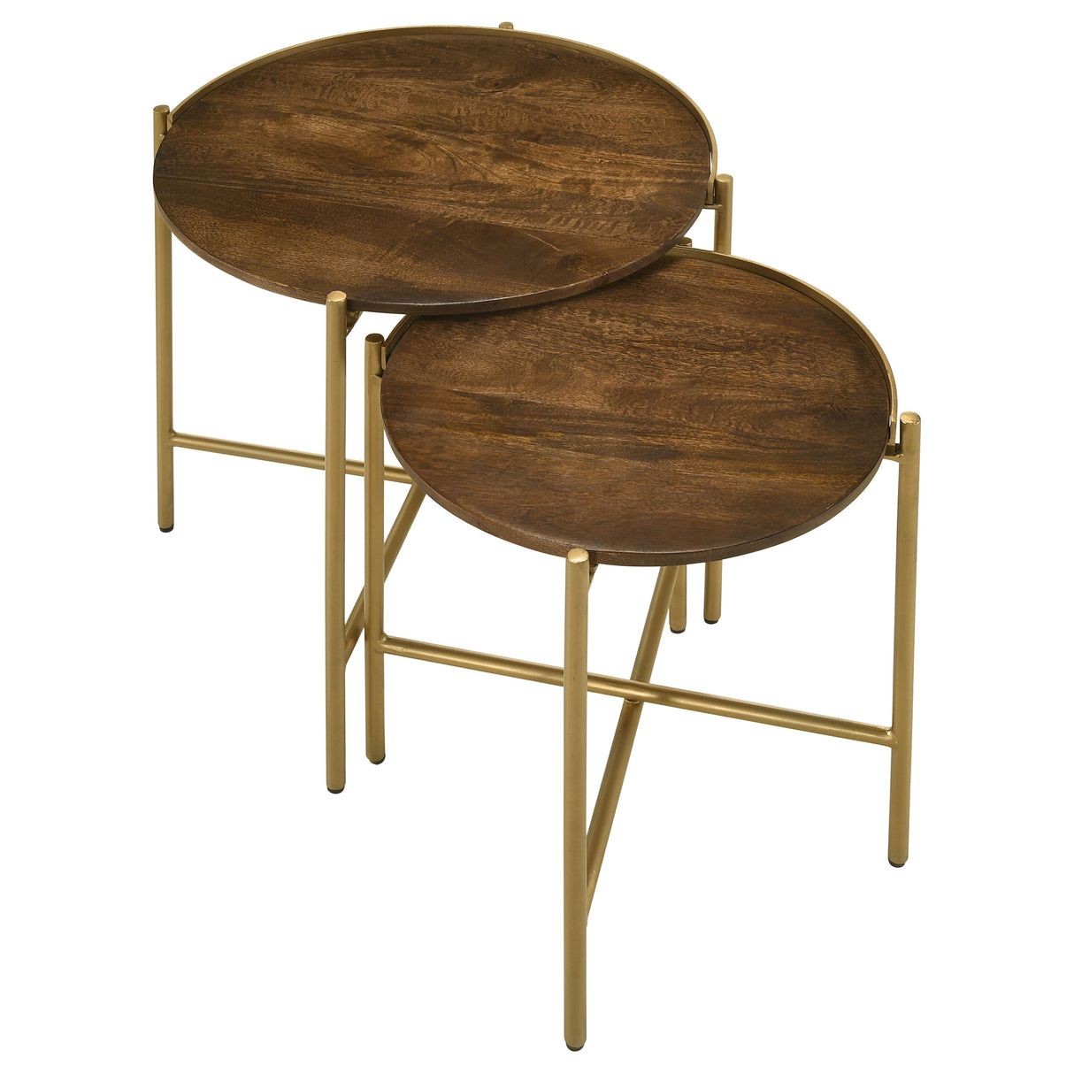 Malka 2-Piece Round Mango Wood Nesting Tables, Dark Brown and Gold