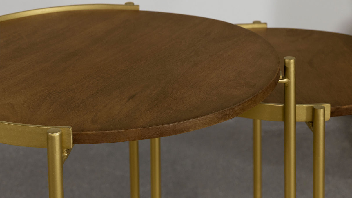 Malka 2-Piece Round Mango Wood Nesting Tables, Dark Brown and Gold