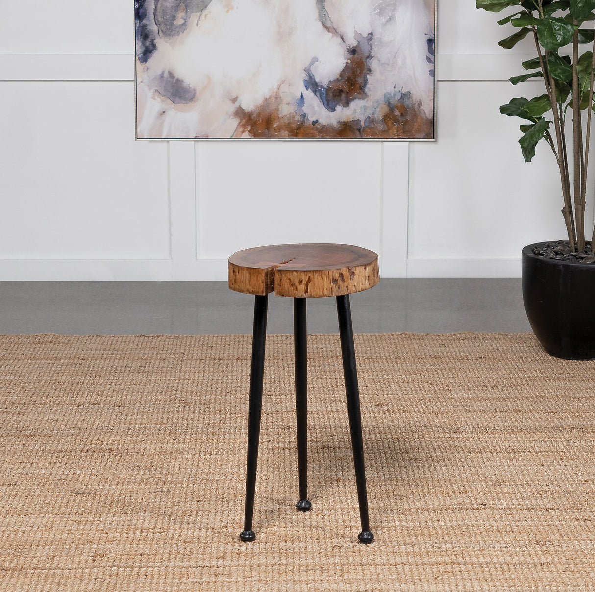 Keith Round Acacia Wood Trunk Side Table, Natural and Black
