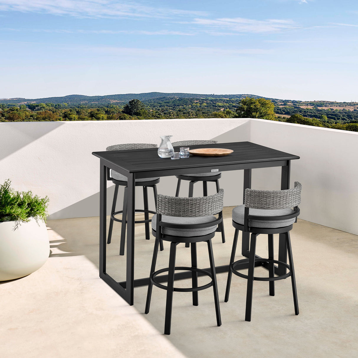 Encinitas - 5 Piece Bar Outdoor Patio Table Set With Cushions - Gray
