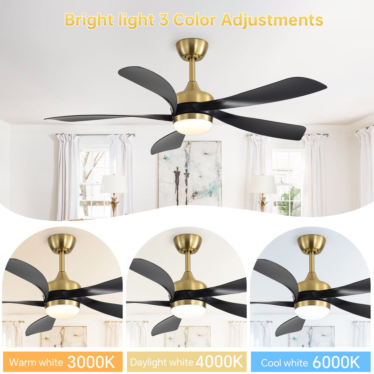 52" Indoor Ceiling Fan With 3 Color Dimmable LED Light Blades, Reversible DC Motor, Remote Control