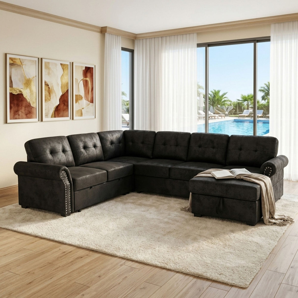 U Shape Sectional Sleeper Sofa With Pull Out Bed And Storage Chaise - Black