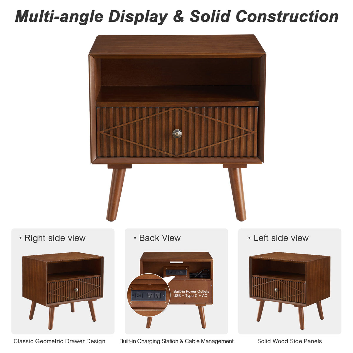 Nightstand With Carved Geometric Drawer Front, 1 Drawer And Open Shelf, Bedside Table For Bedroom - Walnut