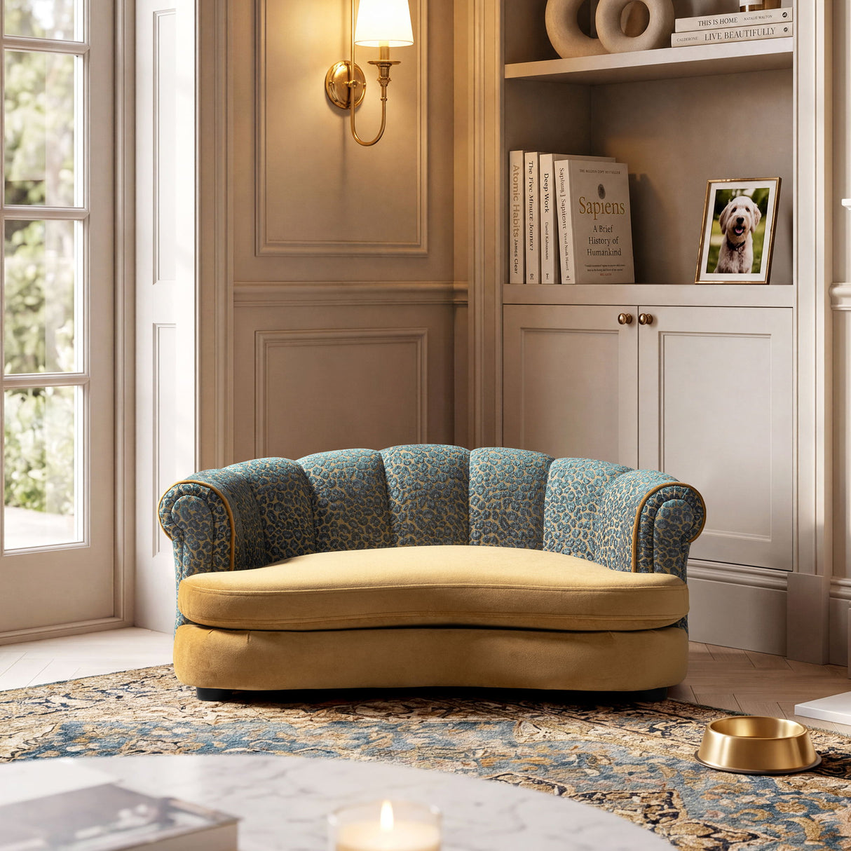 Halle - Rolled Arm Dog Sofa Bed - Gold / Blue