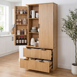 Fluted Kitchen Pantry Cabinet With 2 Large Drawers & 8 Door Spice Rack Freestanding Storage Organizer - Oak