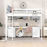 Full Size Loft Bed With Desk, Cabinets, Drawers, Charging Station And Bedside Tray, Sturdy Frame, No Box Spring Required - White