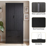 Fluted Kitchen Pantry Cabinet With 2 Large Drawers & 8 Door Spice Rack Freestanding Storage Organizer - Black