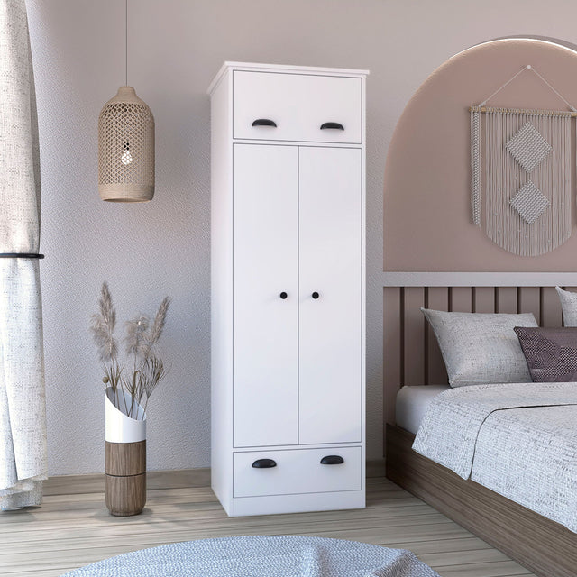 Dresser Closet With Upper Storage Covered With 1 Door, 2 Central Shelves, 1 Tube For Hanging Clothes Covered By 2 Doors, 1 Drawer At The Bottom - White - Wardrobes - Alpine Outlets