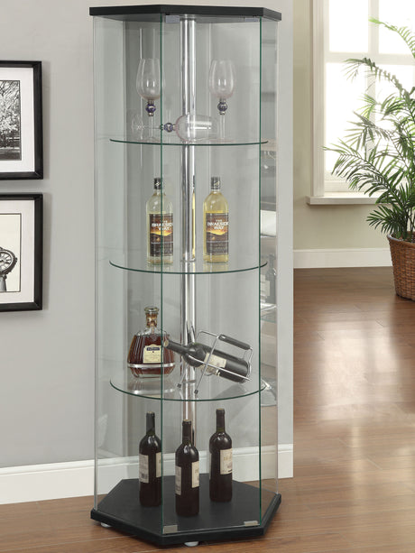 Zahavah Hexagonal 4-Shelf Glass Curio Cabinet in Black