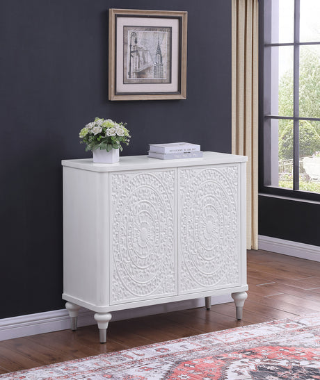 Cardella 2-Door Mandala Accent Cabinet in Distressed White