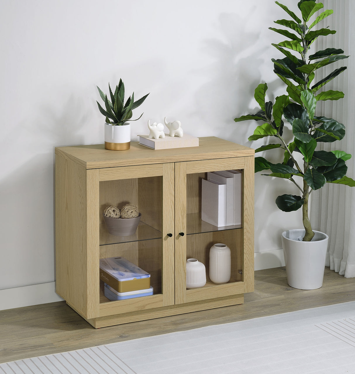 Tilbury 2-Door Glass Front Accent Cabinet in Light Oak