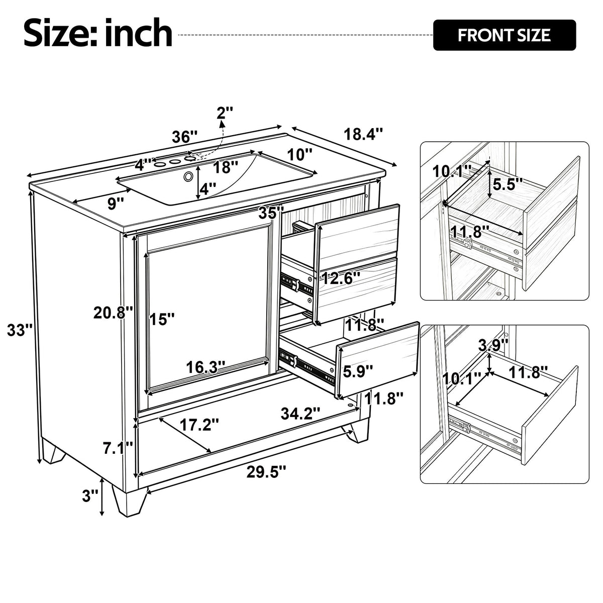 36" Bathroom Vanity With Sink, Soft Close Drawers - Natural