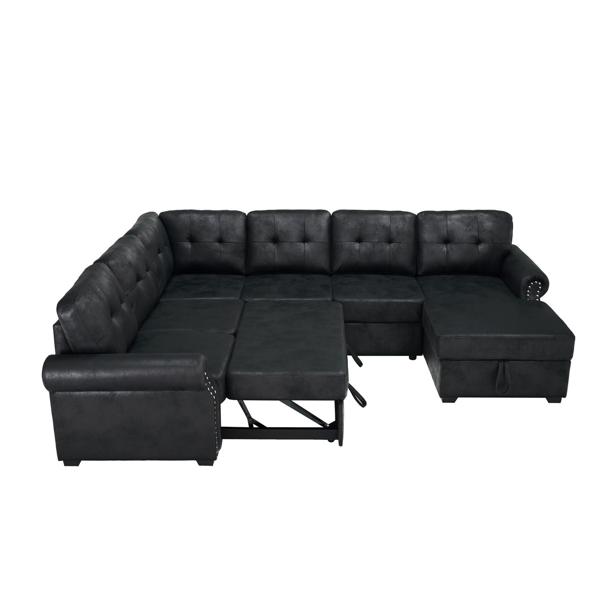 U Shape Sectional Sleeper Sofa With Pull Out Bed And Storage Chaise - Black