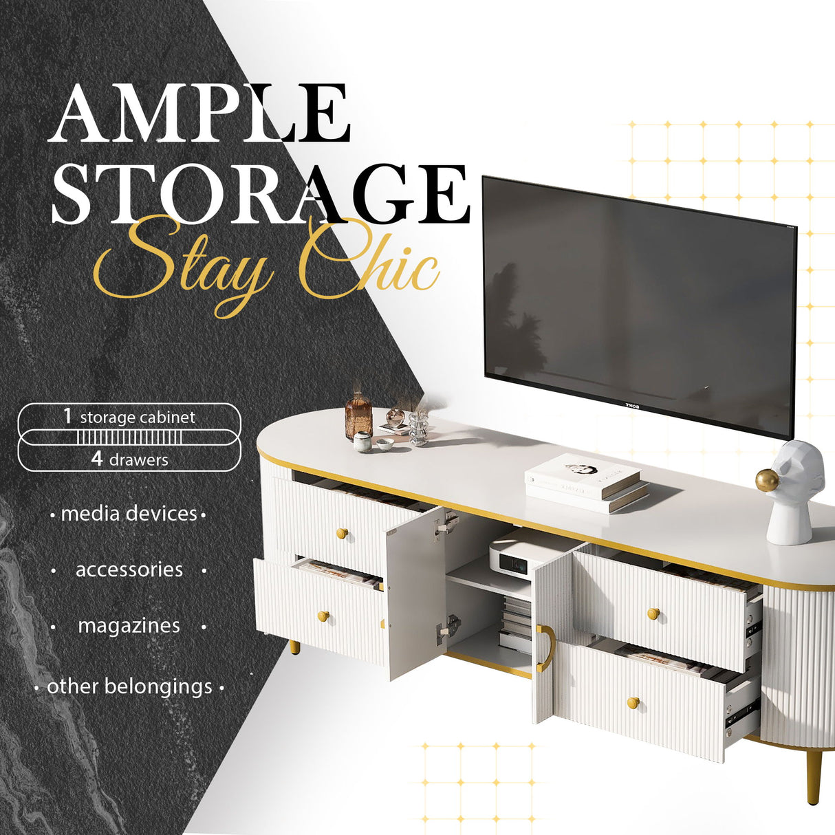 Modern TV Stand For TVs Up To 80", Entertainment Center With 4 Drawers And 1 Cabinet, Wood TV Console Table With And Handles For Living Room - White