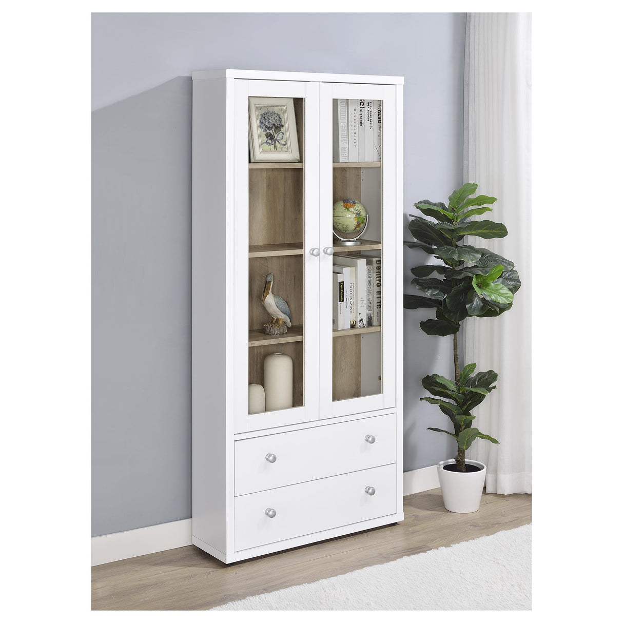 Hawthorne White Tall Glass Door Cabinet with Drawers, 4-Shelf